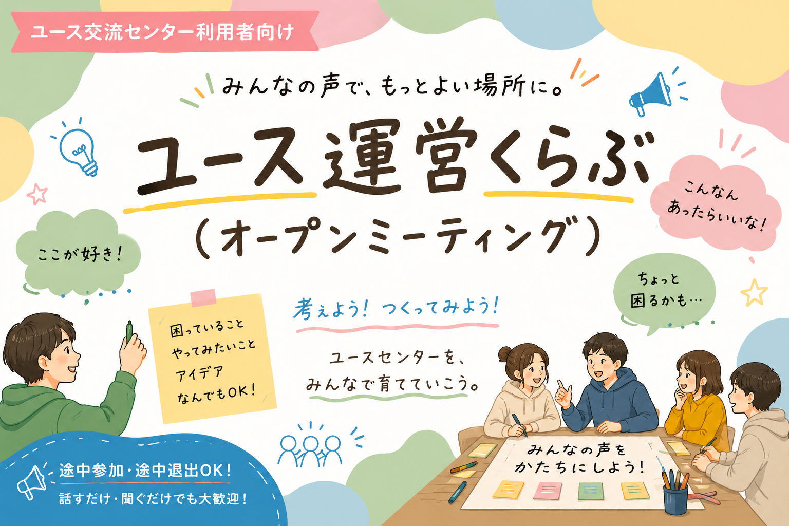 「ユース運営くらぶ(オープンミーティング)」と題された、若者向けの参加型イベントの告知ポスター。中央に大きなタイトルがあり、周囲に「みんなの声で、もっとよい場所に。」というメッセージや、話し合いをする若者たちのイラスト、付箋を使ったアイデア出しの様子が描かれている。